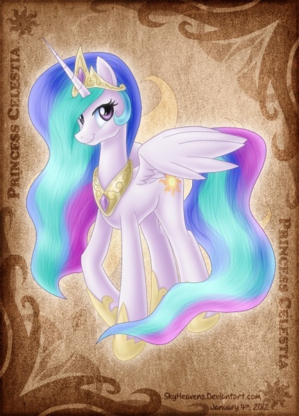 Size: 504x701 | Tagged: safe, artist:skyheavens, derpibooru import, princess celestia, alicorn, pony, card, female, looking at you, mare, photoshop, smiling, solo, spread wings, wings