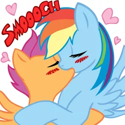 Size: 1280x1280 | Tagged: safe, artist:megasweet, artist:mikeraware, derpibooru import, rainbow dash, scootaloo, pegasus, pony, blushing, colored, female, filly, heart, kissing, lesbian, mare, scootadash, shipping, simple background, smooch