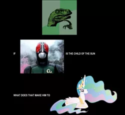 Size: 1442x1328 | Tagged: artist needed, safe, derpibooru import, princess celestia, alicorn, pony, black background, female, kamen rider, kamen rider black rx, mare, meme, philosoraptor, photo, prone, simple background