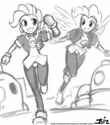 Size: 735x840 | Tagged: artist:johnjoseco, clone, clothes, crossover, derpibooru import, earring, female, g1, gloves, grayscale, human, humanized, megaman legends, monochrome, pantyhose, pinkie pie, safe, surprise, tron bonne, winged humanization