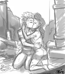 Size: 735x840 | Tagged: safe, artist:johnjoseco, derpibooru import, rarity, spike, human, female, grayscale, humanized, kissing, male, monochrome, older, ruins, shipping, sparity, straight