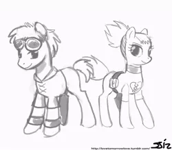 Size: 840x735 | Tagged: safe, artist:johnjoseco, derpibooru import, ponified, earth pony, pony, belt, clothes, digimon, duo, female, goggles, grayscale, looking at you, male, mare, monochrome, rika, ruki makino, simple background, smiling, stallion, standing, takato, takato matsuda