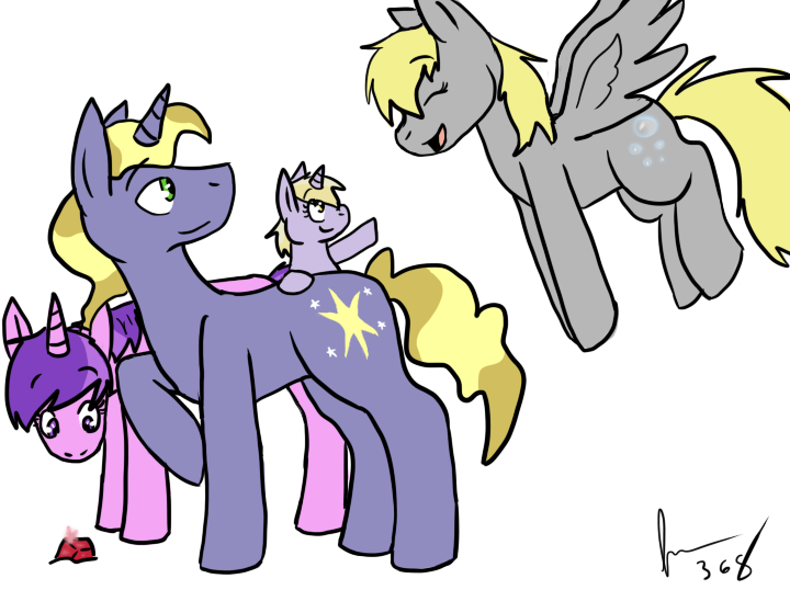 Size: 720x538 | Tagged: safe, artist:moonstruck-badger, derpibooru import, amethyst star, derpy hooves, dinky hooves, ponet, pegasus, pony, unicorn, family, female, filly, flying, looking at each other, male, mare, ponetderp, raised hoof, rarepair, ruby, shipping, simple background, smiling, spread wings, stallion, straight, white background, wings