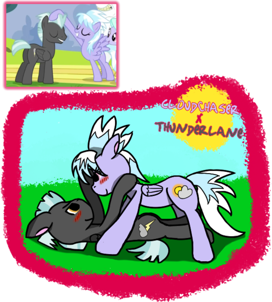 Size: 608x675 | Tagged: safe, artist:kev-darkhood, derpibooru import, cloudchaser, thunderlane, pegasus, pony, blushing, eye contact, female, looking at each other, male, mare, on back, rarepair, shipping, stallion, straight, thunderchaser