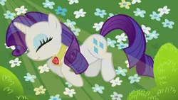 Size: 1920x1080 | Tagged: safe, artist:adcoon, derpibooru import, rarity, pony, unicorn, secret of my excess, crepuscular rays, female, fire ruby, flower, inkscape, mare, side, sleeping, smiling, solo, vector, wallpaper
