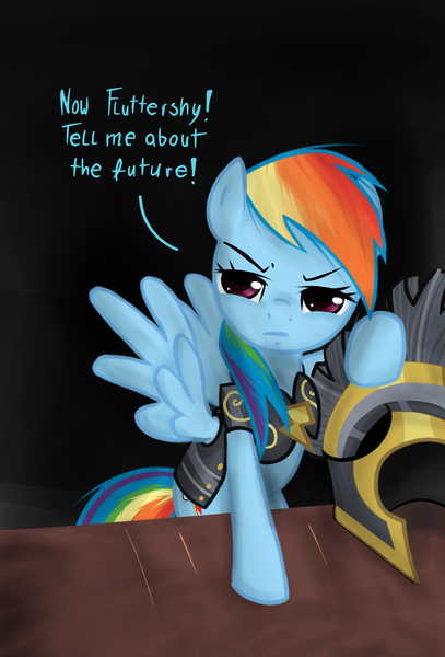 Size: 1169x1725 | Tagged: safe, artist:katakiri, derpibooru import, commander hurricane, rainbow dash, pegasus, pony, hearth's warming eve (episode), armor, bipedal, blue text, clothes, costume, dialogue, female, helmet, looking at you, mare, solo, spread wings, table, wings