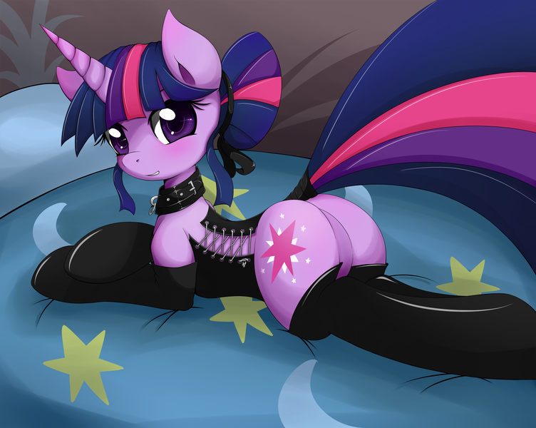 Size: 2500x1996 | Tagged: dead source, suggestive, artist:grumblepluck, derpibooru import, twilight sparkle, pony, unicorn, alternate hairstyle, bed, bottomless, clothes, collar, corset, featureless crotch, female, femsub, hair bun, latex, looking at you, mare, plot, prone, solo, solo female, stockings, submissive, tail wrap, twibutt, twisub, unicorn twilight