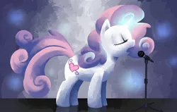 Size: 1500x953 | Tagged: safe, artist:reuniclus, derpibooru import, sweetie belle, pony, unicorn, alternate cutie mark, eyes closed, female, filly, glowing horn, microphone, music, old cutie mark, singing, solo, stage