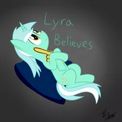 Size: 2500x2500 | Tagged: safe, artist:phoenixswift, derpibooru import, lyra heartstrings, pony, unicorn, female, foam finger, gradient background, high res, looking up, mare, on back, solo