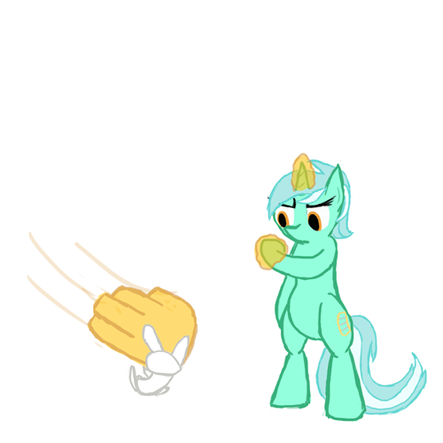 Size: 500x500 | Tagged: safe, artist:deoxys413, derpibooru import, angel bunny, lyra heartstrings, pony, unicorn, bipedal, bitch slap, female, magic, magic hands, mare, simple background, white background