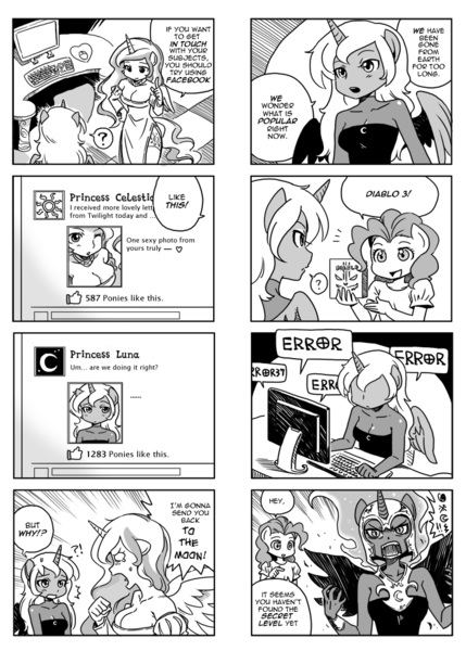 Size: 700x980 | Tagged: 4koma, ambiguous facial structure, and that's how princess luna became the nightmare moon, anthro, artist:shepherd0821, big breasts, breasts, busty princess celestia, cleavage, comic, derpibooru import, diablo 3, facebook, female, monochrome, nightmare moon, pinkie pie, princess celestia, princess luna, s1 luna, safe, translation