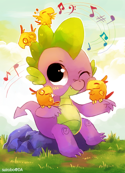 Size: 664x915 | Tagged: dead source, safe, artist:suikuzu, derpibooru import, peewee, spike, dragon, phoenix, baby, baby dragon, blush sticker, blushing, chick, cute, male, music notes, nuzzling, one eye closed, one eye open, phoenix chick, rock, rubbing, signature, singing, sitting, smiling, spikabetes, squishy, squishy cheeks, waving, wink