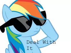 Size: 651x481 | Tagged: artist needed, source needed, safe, derpibooru import, rainbow dash, pegasus, pony, artifact, caption, cooler, deal with it, female, image macro, mare, meme, simple background, solo, sunglasses, text, white background