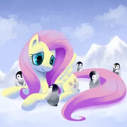 Size: 800x800 | Tagged: dead source, safe, artist:reuniclus, derpibooru import, fluttershy, bird, emperor penguin, pegasus, penguin, pony, cloud, cloudy, cute, female, lineless, mare, mountain, prone, shyabetes, sky, smiling, snow, solo, spread wings, weapons-grade cute, wings