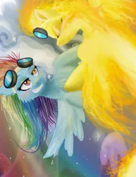 Size: 612x792 | Tagged: safe, artist:cat4lyst, derpibooru import, rainbow dash, spitfire, pegasus, pony, female, flying, goggles, grin, lesbian, mare, shipping, smiling, spitdash