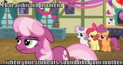 Size: 500x267 | Tagged: safe, derpibooru import, edit, edited screencap, screencap, apple bloom, cheerilee, scootaloo, sweetie belle, earth pony, pegasus, pony, unicorn, hearts and hooves day (episode), cutie mark crusaders, female, filly, floppy ears, hearts and hooves day, image macro, mare, meme, ponyville schoolhouse