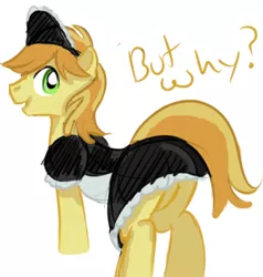 Size: 352x369 | Tagged: source needed, safe, artist:kloudmutt, derpibooru import, braeburn, earth pony, pony, clothes, crossdressing, looking at you, looking back, maid, male, simple background, solo, stallion, white background