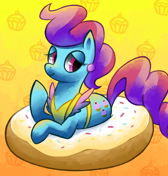 Size: 816x851 | Tagged: dead source, safe, artist:reuniclus, derpibooru import, cup cake, earth pony, pony, apron, clothes, cute, donut, earring, female, food, looking back, looking down, mare, prone, smiling, solo, sprinkles