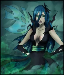 Size: 695x820 | Tagged: safe, artist:songoftheshoebox, derpibooru import, queen chrysalis, human, absolute cleavage, breasts, busty queen chrysalis, cleavage, clothes, female, gloves, hand on hip, humanized, solo