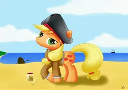 Size: 4092x2893 | Tagged: safe, artist:meandmypie, derpibooru import, applejack, earth pony, pony, beach, bicorne, clothes, female, hat, mare, pirate, rowboat, ship, solo
