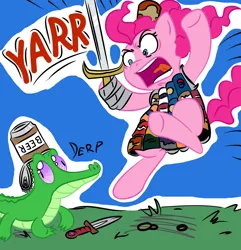 Size: 1740x1803 | Tagged: safe, artist:plasters-ponies, derpibooru import, gummy, pinkie pie, earth pony, pony, beer can, female, mare, samurai, sword, weapon