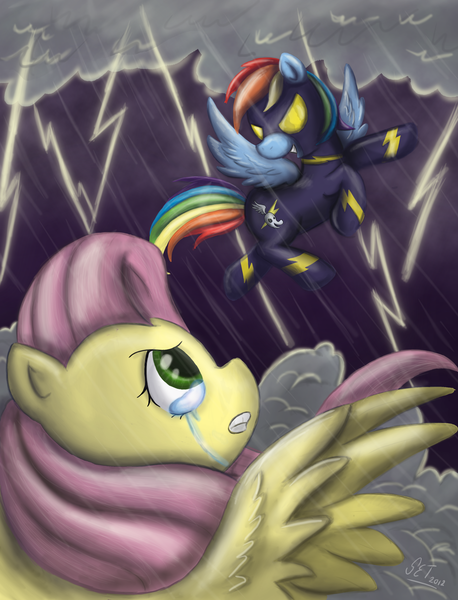 Size: 2311x3027 | Tagged: safe, artist:scarabdynasty1, derpibooru import, fluttershy, rainbow dash, pegasus, pony, clothes, costume, crying, female, flying, high res, lightning, mare, shadowbolt dash, shadowbolts, shadowbolts costume, storm, traitor