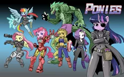 Size: 2000x1240 | Tagged: safe, artist:shepherd0821, derpibooru import, applejack, fluttershy, pinkie pie, rainbow dash, rarity, spike, twilight sparkle, anthro, earth pony, pegasus, unguligrade anthro, unicorn, ambiguous facial structure, armor, avengers, belly button, black widow (marvel), breasts, busty applejack, captain america, catsuit, crossover, eyepatch, female, gradient background, iron man, line-up, mane seven, mane six, marvel, midriff, nick fury, parody, reference, s.h.i.e.l.d., shield, the incredible hulk, thor, war machine