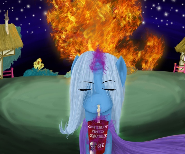 Size: 1200x1000 | Tagged: safe, artist:hewhoerasesmost, derpibooru import, trixie, pony, unicorn, eyes closed, female, fire, golden oaks library, harsher in hindsight, mare, revenge, straw