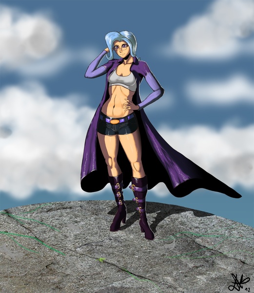 Size: 1000x1151 | Tagged: artist:deilan12, belly button, cape, cliff, clothes, derpibooru import, female, glasses, human, humanized, midriff, safe, solo, trixie