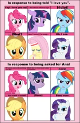 Size: 720x1110 | Tagged: suggestive, derpibooru import, applejack, fluttershy, pinkie pie, rainbow dash, rarity, twilight sparkle, earth pony, pegasus, pony, unicorn, 6 pony meme, baka, bedroom eyes, bend over, blushing, cowboy hat, cutie mark, eyelashes, eyeshadow, female, floppy ears, frown, happy, hat, horn, implied futa, looking at you, looking down, makeup, mane six, mare, meme, meme origin, open mouth, parody, pun, shy, smiling, stetson, sweatband, tsunderainbow, tsundere, twilight is not amused, unamused, wings, wristband