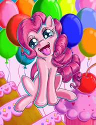 Size: 2486x3233 | Tagged: safe, artist:kcday, derpibooru import, pinkie pie, earth pony, pony, balloon, cake, cherry, cupcake, cute, diapinkes, female, high res, mare, open mouth, sitting, solo, tongue out