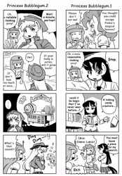 Size: 700x1004 | Tagged: 4koma, adventure time, alien (franchise), ambiguous facial structure, anthro, applejack, artist:shepherd0821, ? block, breasts, busty applejack, cleavage, coin, comic, crossover, derpibooru import, female, mario, monochrome, pinkie pie, princess bubblegum, safe, super mario bros., this will not end well, twilight sparkle, xenomorph