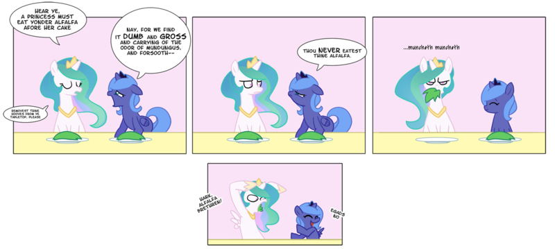 Size: 1240x556 | Tagged: safe, artist:egophiliac, derpibooru import, princess celestia, princess luna, alicorn, pony, alfalfa, alfalfa monster, annoyed, artifact, cewestia, comic, cute, eating, egads no, eye contact, eyes closed, female, filly, filly celestia, filly luna, floppy ears, food, frown, glare, grumpy, laughing, looking at each other, mare, nom, open mouth, pouting, royal sisters, sisters, slice of life, smiling, unamused, weapons-grade cute, wide eyes, woona, woonoggles, ye olde english, younger