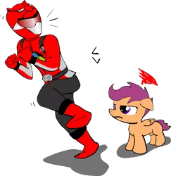 Size: 1223x1256 | Tagged: safe, artist:rinsankajugin, derpibooru import, scootaloo, pegasus, pony, crossover, female, filly, go-busters, redbuster, simple background, super sentai, tokumei sentai go-busters