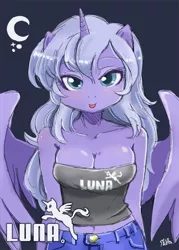 Size: 600x840 | Tagged: safe, artist:shepherd0821, derpibooru import, princess luna, alicorn, anthro, ambiguous facial structure, belly button, blushing, breasts, busty princess luna, cleavage, female, midriff, pun, s1 luna, tongue out