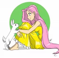 Size: 1064x1037 | Tagged: angel bunny, artist:aeolus06, barefoot, clothes, cute, derpibooru import, dress, feet, female, fluttershy, human, humanized, rabbit, safe, sitting, sundress