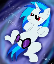 Size: 3000x3500 | Tagged: suggestive, artist:nostalgiagamerjs, derpibooru import, vinyl scratch, pony, unicorn, abstract background, bellyrubs, female, high res, mare, on back, solo, solo female, sunglasses