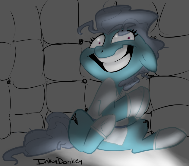 Size: 627x553 | Tagged: safe, artist:briskby, artist:scrwloose, derpibooru import, screw loose, earth pony, pony, asylum, female, floppy ears, grin, mare, padded cell, smiling, solo