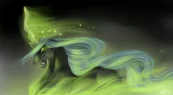 Size: 1700x940 | Tagged: safe, artist:aurodi, derpibooru import, queen chrysalis, changeling, changeling queen, fangs, female, glowing eyes, glowing horn, horn, image, jpeg, magic, open mouth, signature, solo, wingless