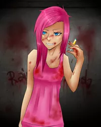 Size: 800x1000 | Tagged: artist:yahijustlovedragons, blood, breasts, derpibooru import, female, human, humanized, pinkamena diane pie, pinkie pie, semi-grimdark, skinny, small breasts, smiling, solo, syringe