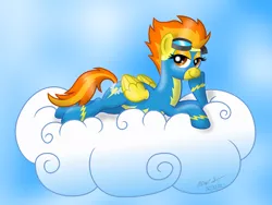 Size: 1024x771 | Tagged: safe, artist:aleximusprime, derpibooru import, spitfire, pegasus, pony, clothes, cloud, female, goggles, hooves, looking at you, lying on a cloud, mare, on a cloud, on stomach, paint.net, prone, smiling, solo, uniform, wings, wonderbolts, wonderbolts uniform