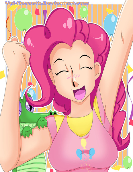 Size: 2549x3294 | Tagged: abstract background, armpits, artist:val-hasseth, balloon, derpibooru import, eyes closed, female, gummy, high res, human, humanized, pinkie pie, safe