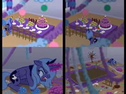 Size: 1333x1000 | Tagged: safe, artist:dalapony, derpibooru import, princess luna, alicorn, pony, alone, angry, bad end, birthday, birthday party, cake, candy cane, comic, cookie, crying, cute, eyes closed, feels, female, forgotten birthday, frown, happy birthday luna, happy birthday to me, hat, lonely, mare, open mouth, parody, party, party hat, s1 luna, sad, sandwich, sitting, soda, solo, star of the giants, table flip