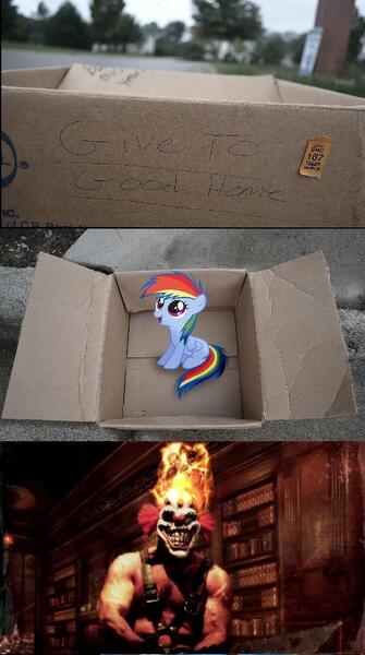 Size: 832x1492 | Tagged: safe, derpibooru import, rainbow dash, pegasus, pony, fanfic:my little dashie, box, dashie meme, evil people finding dash meme, exploitable meme, female, filly, meme, needles kane, pony in a box, sweet tooth (twisted metal), twisted metal