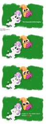 Size: 1500x4000 | Tagged: safe, artist:dtcx97, derpibooru import, scootaloo, sweetie belle, pegasus, pony, unicorn, bird's eye view, comic, female, filly, on back, post-crusade
