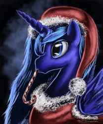 Size: 750x900 | Tagged: safe, artist:huussii, derpibooru import, princess luna, alicorn, pony, candy, candy cane, clothes, female, hat, mare, mouth hold, photoshop, santa hat, solo, spread wings, wings