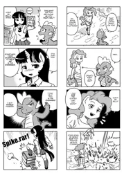 Size: 700x980 | Tagged: 4koma, ambiguous facial structure, anthro, artist:shepherd0821, breasts, clothes, comic, delicious flat chest, derpibooru import, dragon, female, male, meteor, monochrome, owlowiscious, pinkie flat, pinkie pie, spike, suggestive, translation, twilight sparkle, unguligrade anthro, uniform