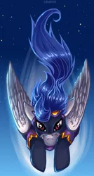 Size: 335x623 | Tagged: safe, artist:limreiart, derpibooru import, nightshade, pegasus, pony, clothes, costume, female, flying, mare, photoshop, shadowbolts, shadowbolts costume, sky, solo, spread wings, wings