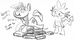 Size: 1231x667 | Tagged: safe, artist:briskby, derpibooru import, spike, twilight sparkle, dragon, pony, unicorn, book, female, grayscale, male, mare, monochrome, pile, simple background, sketch, that pony sure does love books