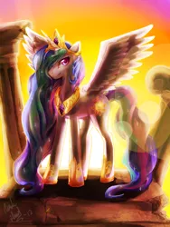 Size: 1050x1400 | Tagged: dead source, safe, artist:hungrychickens, derpibooru import, princess celestia, alicorn, pony, backlighting, female, looking at you, mare, ruins, smiling, solo, spread wings, wings